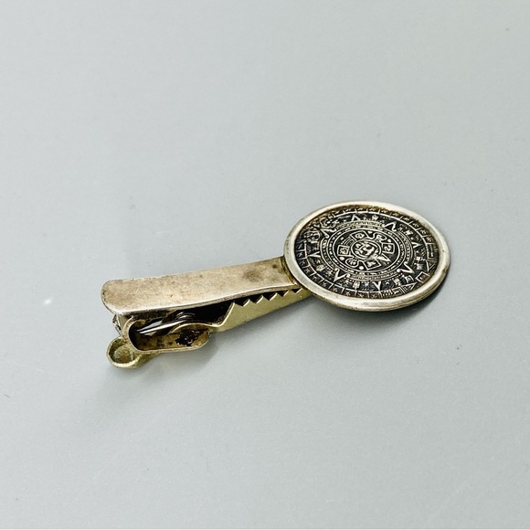 Vintage Sterling Silver Aztec Mayan Sun Calendar Tie Clip 925 - Picture 3 of 13